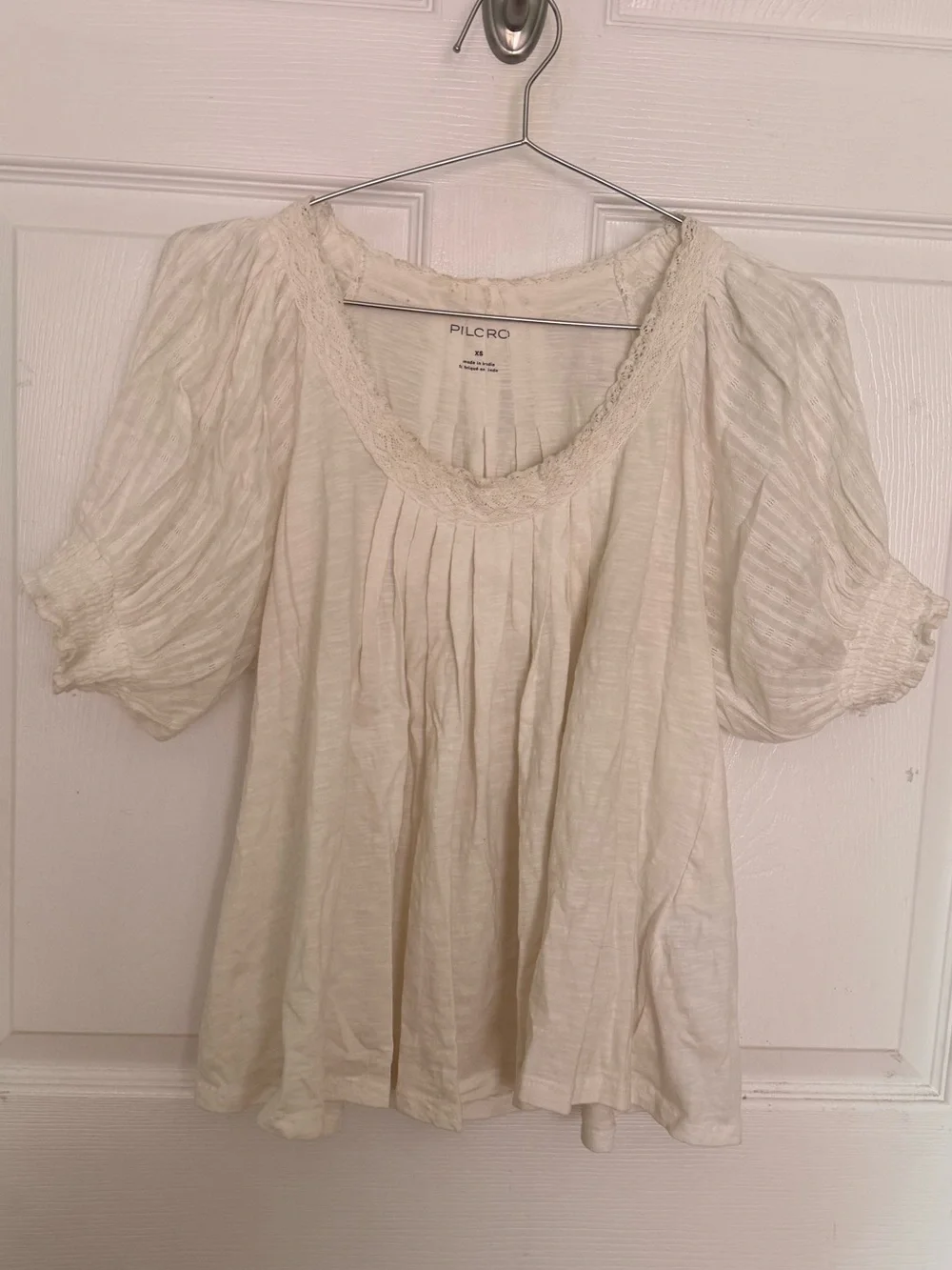 Anthropologie Pilcro Ivory Lace Peasant Blouse Puff Sleeve Cotton Top XS